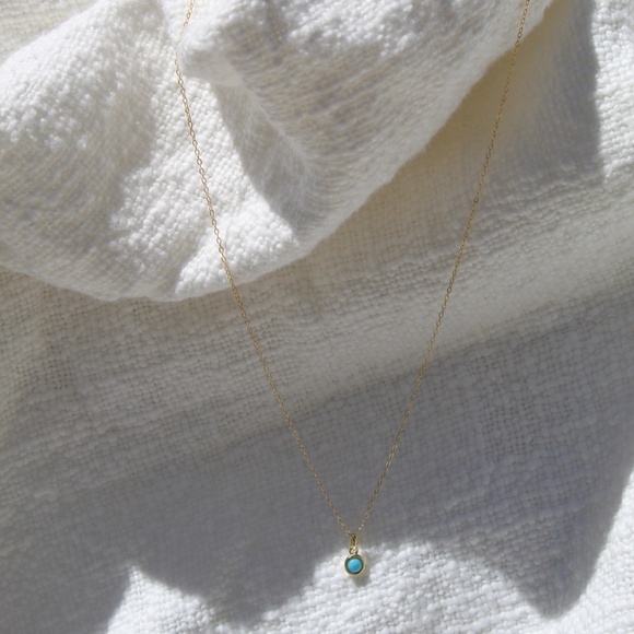 Sterling Silver Gold Necklace with Turquoise Mini Round Pendant - Picture 6 of 10